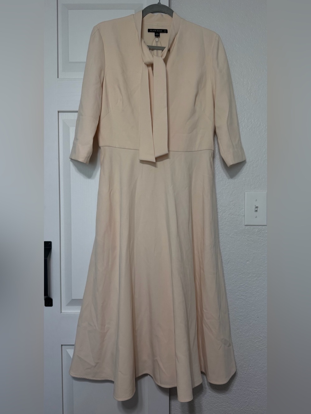 Black Halo Cream Long-Sleeve Midi Dress with Neck Tie